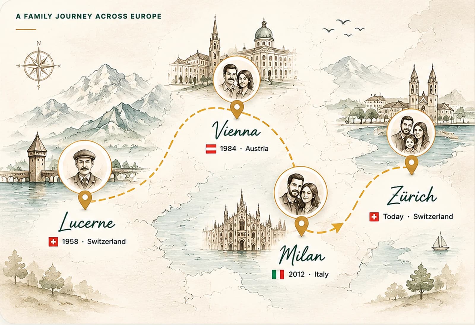 Illustrated family heritage route through Lucerne, Vienna, Milan and Zürich